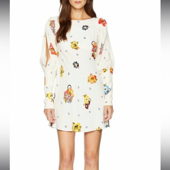 Free People ivory “Sunshadow” floral slit sleeve mini dress Size 2 - Picture 3 of 8